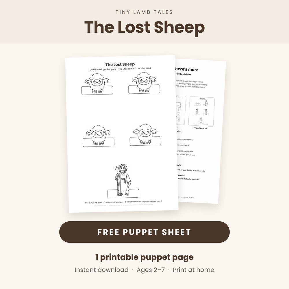The free printable puppet sheet — four lambs and the shepherd